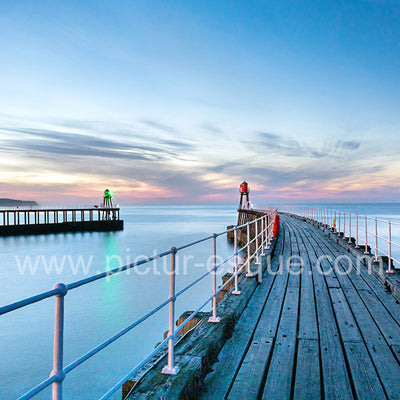 Whitby Piers at Twilight North Yorkshire Blank Card by Charlotte Gale