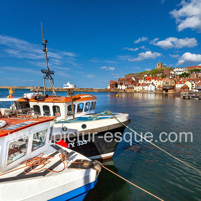 Fishing boats Whitby Harbour blank greetings card by Charlotte Gale Photography