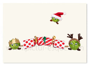 Sprouts pulling a Christmas cracker Christmas card by Charlotte Gale