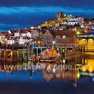 Whitby Lifeboat Harbour Twilight blank card by Charlotte Gale