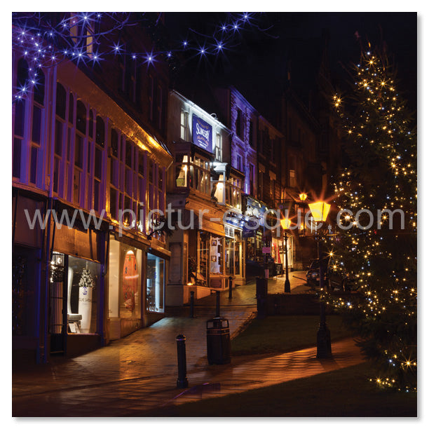 Blank square greetings card featuring the lights of Montpellier Parade, Harrogate, North Yorkshire.