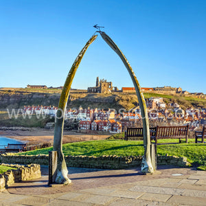 View of St Mary's Church and the Abbey through the whalebones in Whitby
